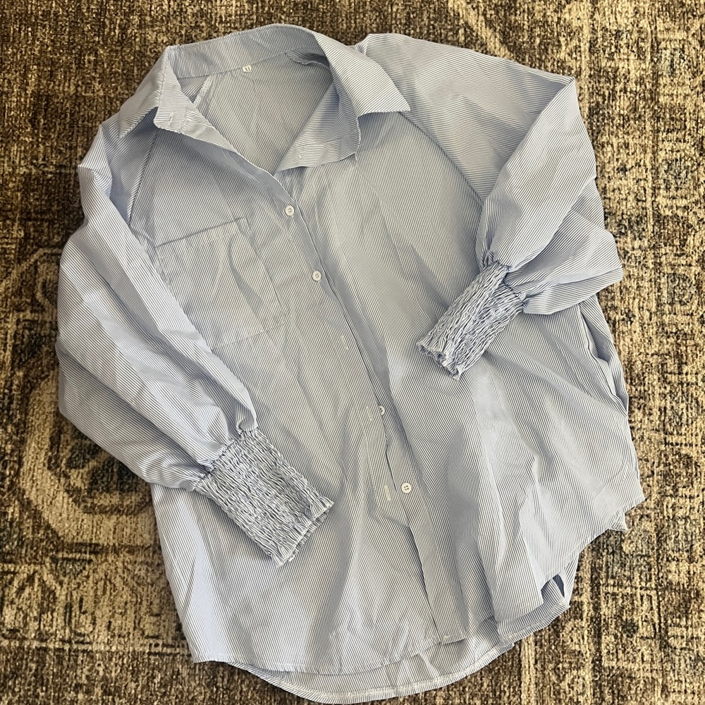 Light Blue and White Pinstripe Seersucker Button Up Blouse with Gathered sleeves